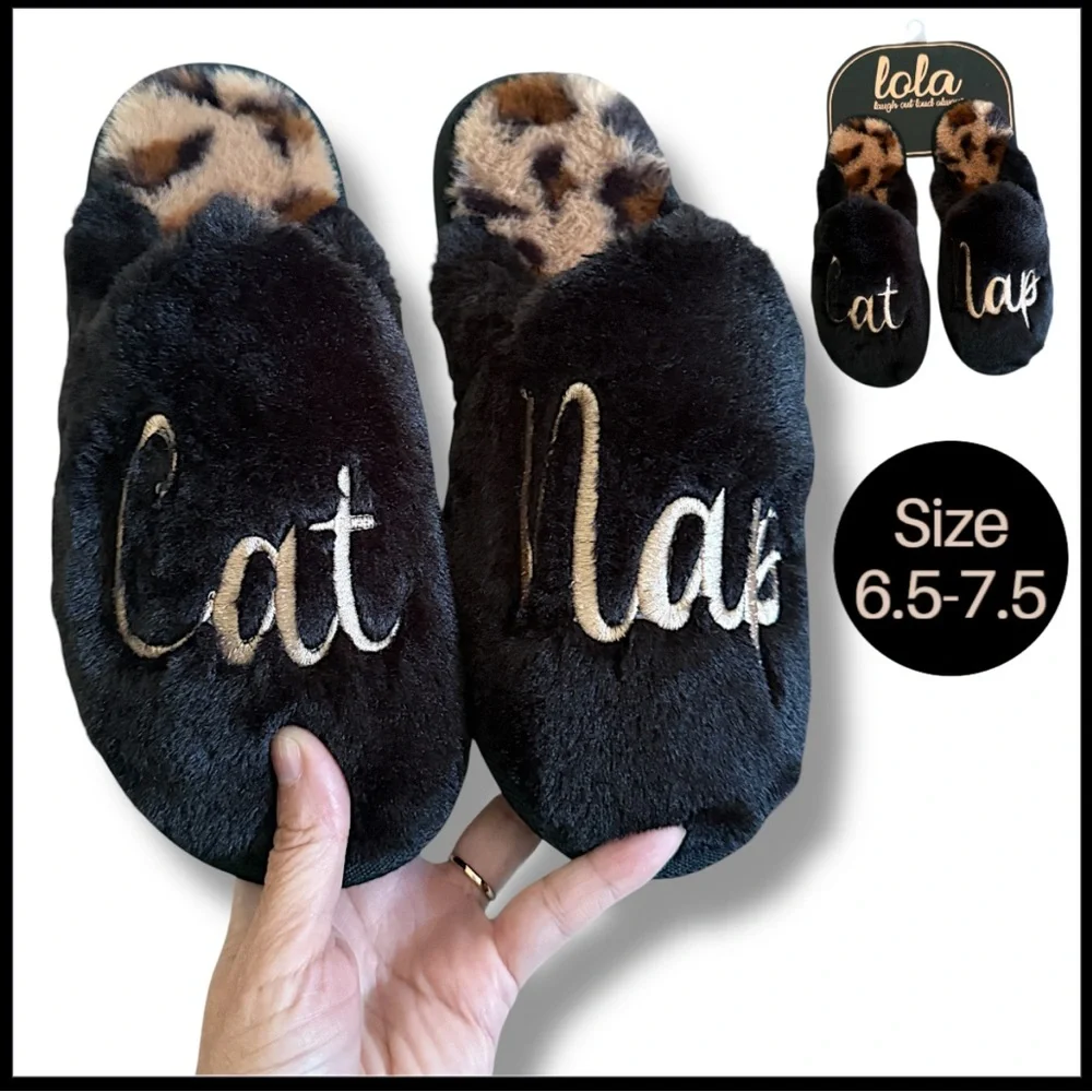Women Slippers, New House Shoes, Black Brown Gold Embroidered Cat Nap Slippers
